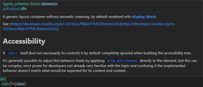 A rust-analyzer popup with information on the <div> element, with the start of a section on accessibility.